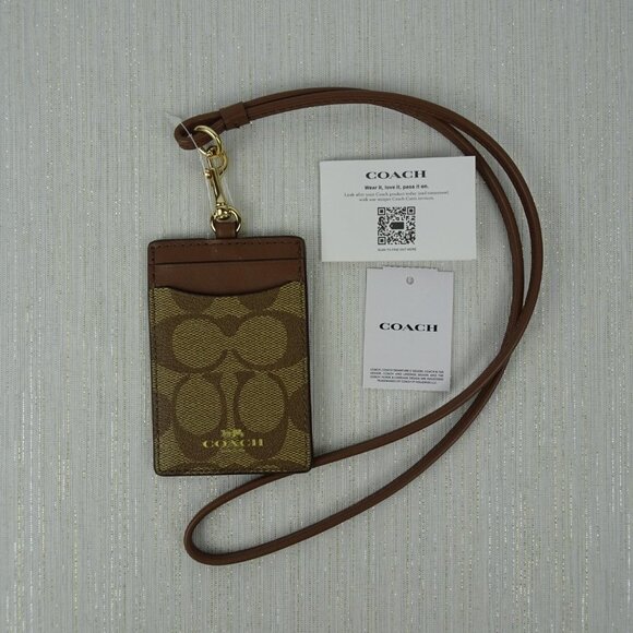 New Coach ID Badge Card Holder Lanyard Signature Canvas Leather Khaki Brown Gold - Picture 9 of 11